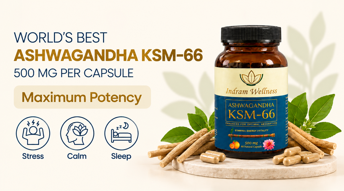 Indram Wellness KSM-66 Ashwagandha. Everyday stress. Thoughtful support. For calm, balance and everyday well-being.