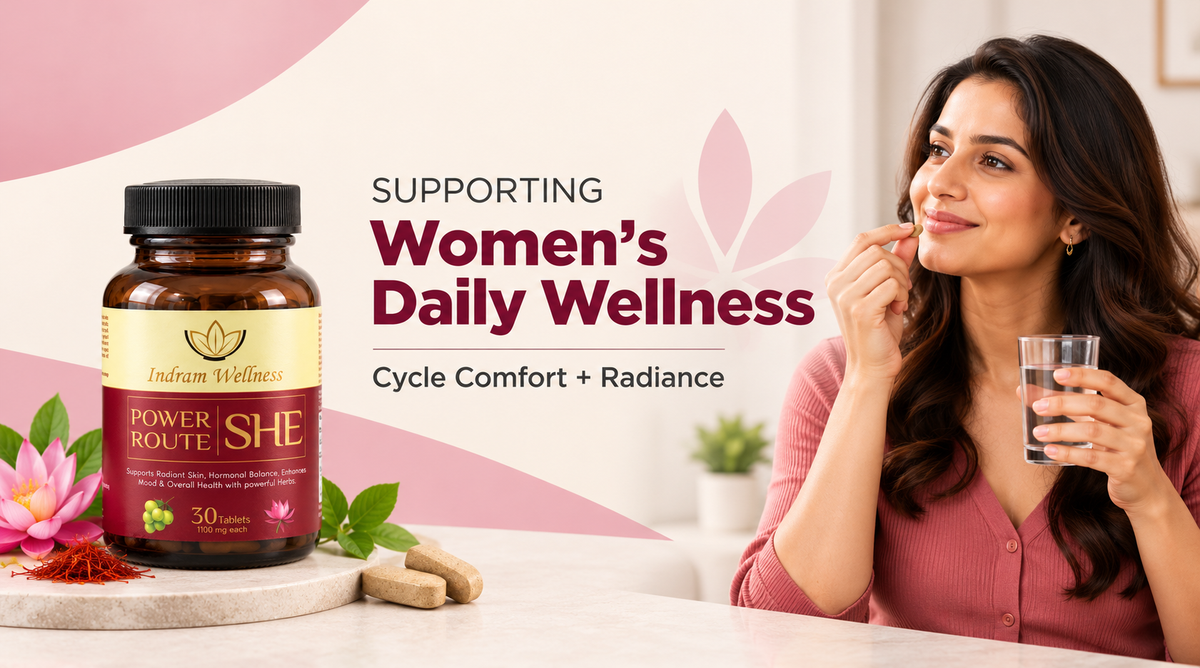 Indram Wellness Power Route SHE. Make room for your well-being. Thoughtful Ayurvedic care for women’s everyday wellness.